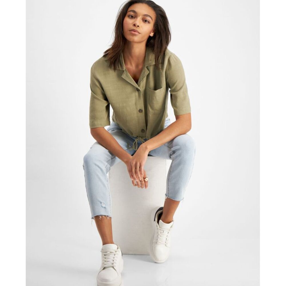 And Now This Now This Womens Tie Hem Cropped Shirt